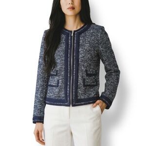 4/$20 Talbots Petites Tweed Knit Jacket Navy Zip Front Braided Trim Blazer 4P
